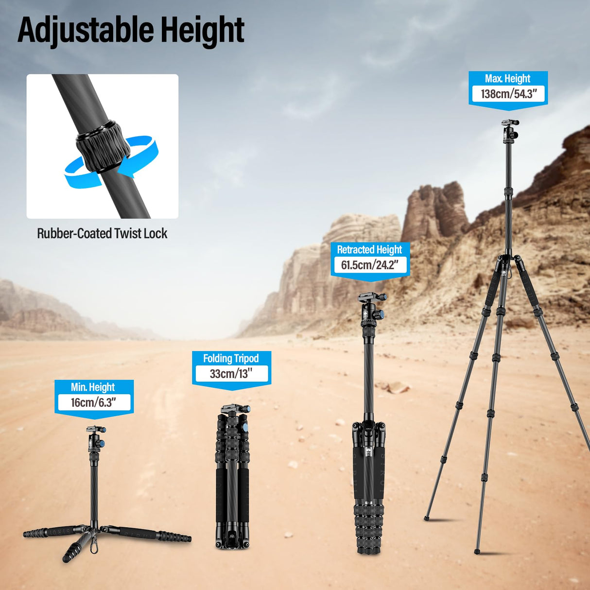 SIRUI Trípode Compacto de Fibra de Carbono de 59pulgadas con Cabeza de Bola y Placa Incorporada para Arca, Solo 0,85kg Carga de hasta 4kg - Traveler 5C