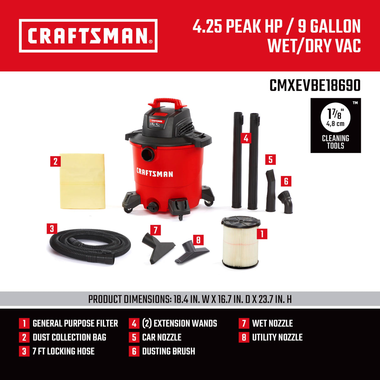 CRAFTSMAN CMXEVBE18690 Aspiradora portátil de Uso General con Cepillo para Polvo de Polvo y Accesorios, Color Rojo