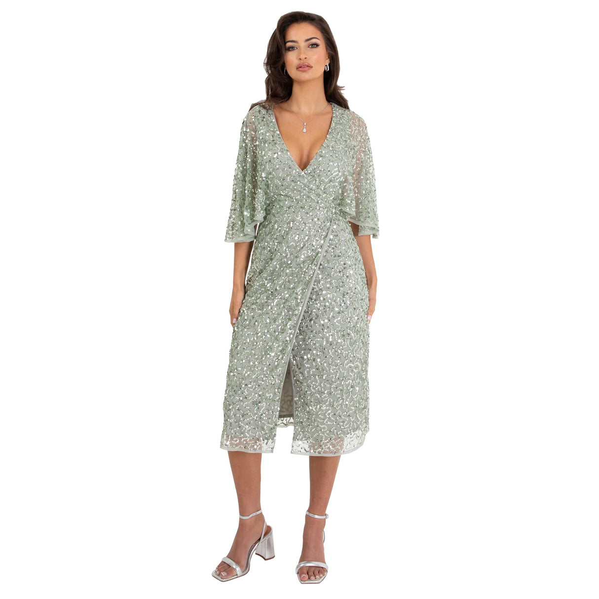 Maya Deluxe Womens Midi Ladies Sequin Embellished Cape Sleeve Wrap Dress for Wedding Guest Bridesmaid Cocktail Prom Evening Vestido, Green Lily, 44 para Mujer
