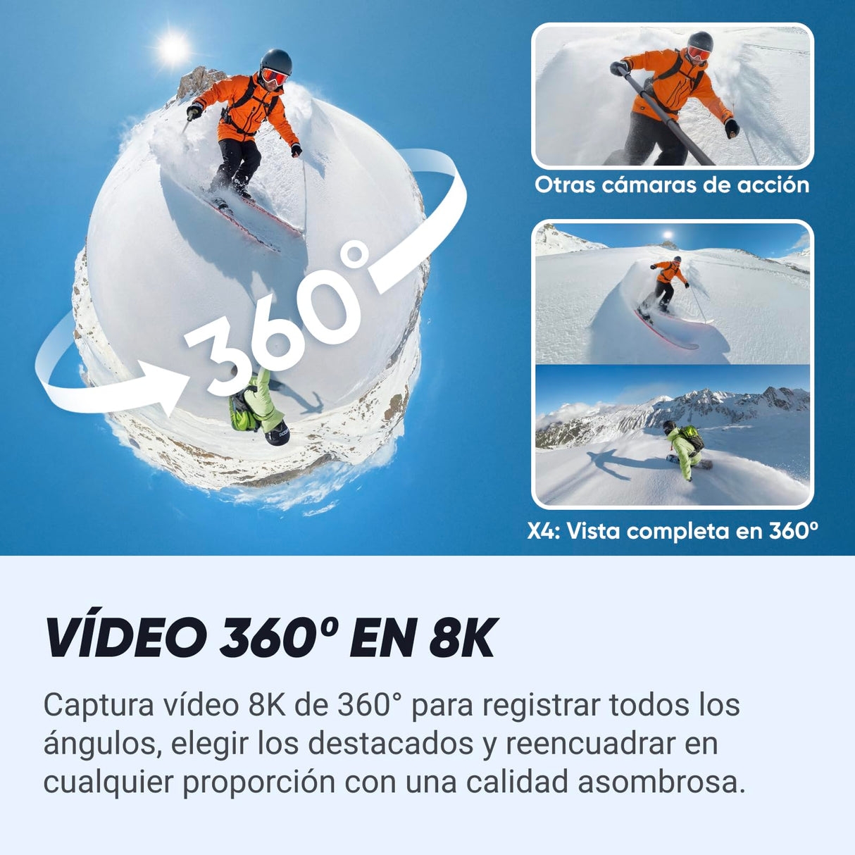 Insta360 X4 Paquete de Esquí - Cámara de acción Impermeable 8K 360, Vídeo 4K Gran Angular, Efecto Selfie Stick Invisible, Protectores de Lente Extraíbles, 135 Min Batería, Edición IA