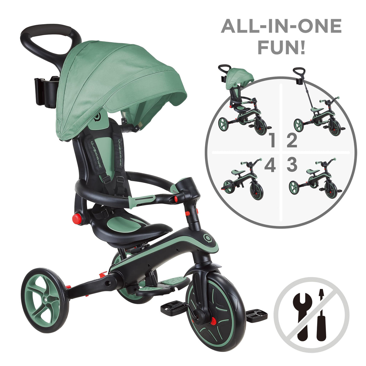 Tricycle Globber Explorer 4 en 1 Evolutif et Pliable Vert Olive