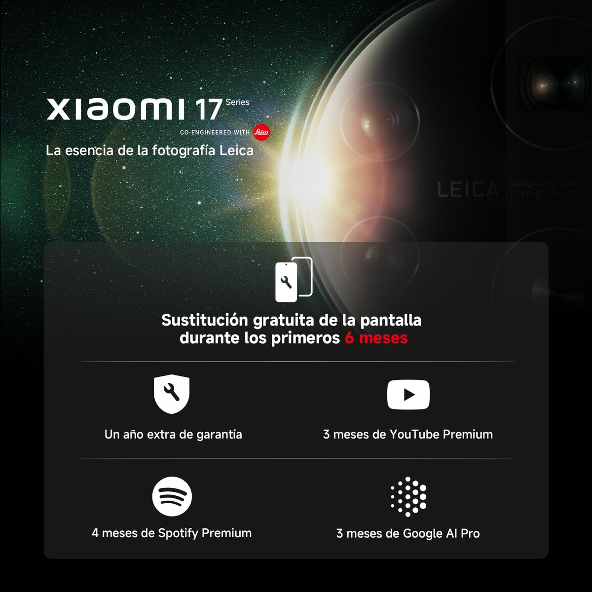 XIAOMI 17, Smartphone 12+256 GB, Lente óptica Leica Summilux, batería de 6330 mAh (Tipo), HyperAI, Negro, garantía del Fabricante 2 años + 1 año Extra, Cargador no Incluido