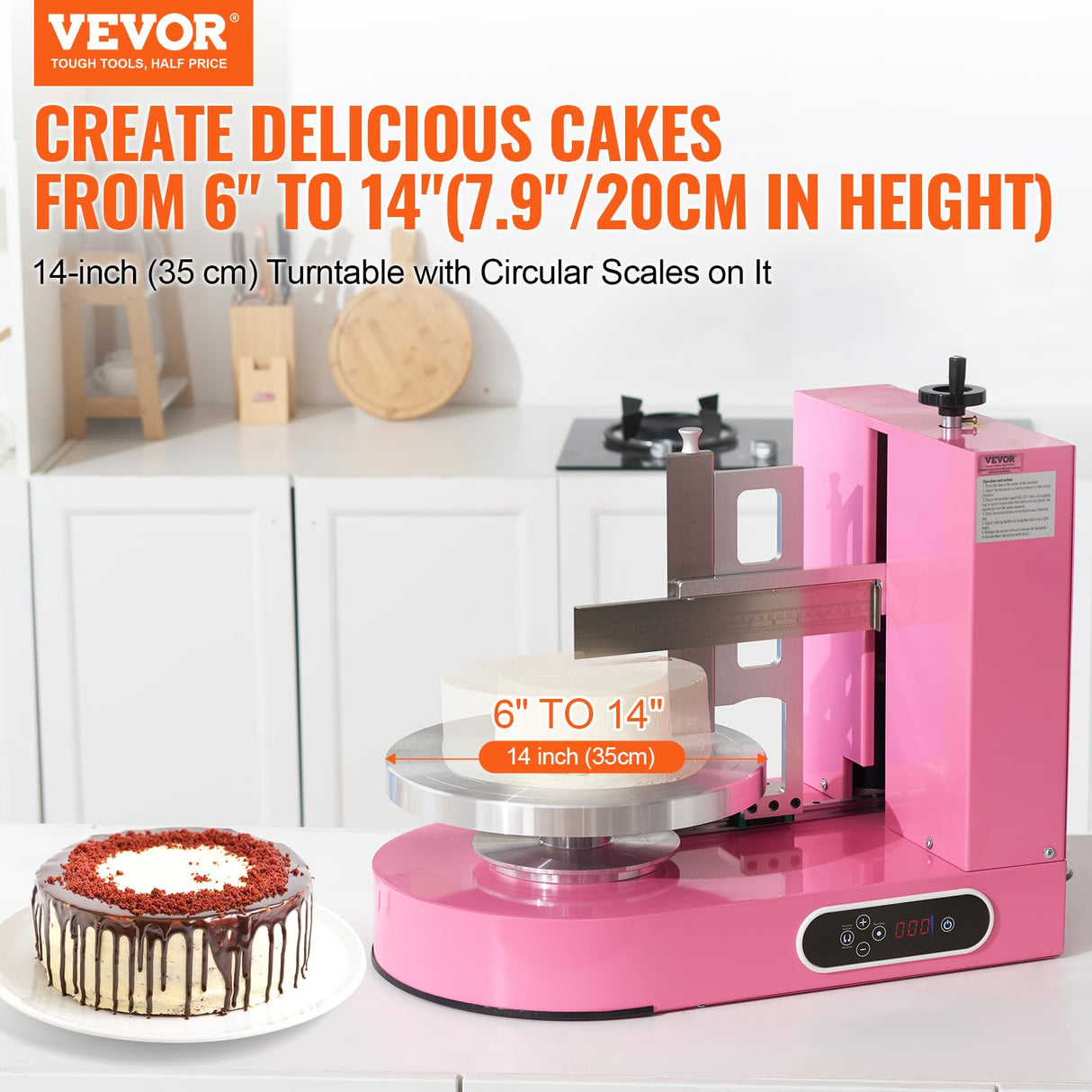 VEVOR Máquina para Decorar Pasteles, para Untar y Cubrir Crema, Bajo Ruido, Plato Giratorio con Raspador Ajustable, para Pasteles 15 y 35 cm, Velocidad de Rotación 25-320 RPM, Rosa, 600 x 370 x 550 mm