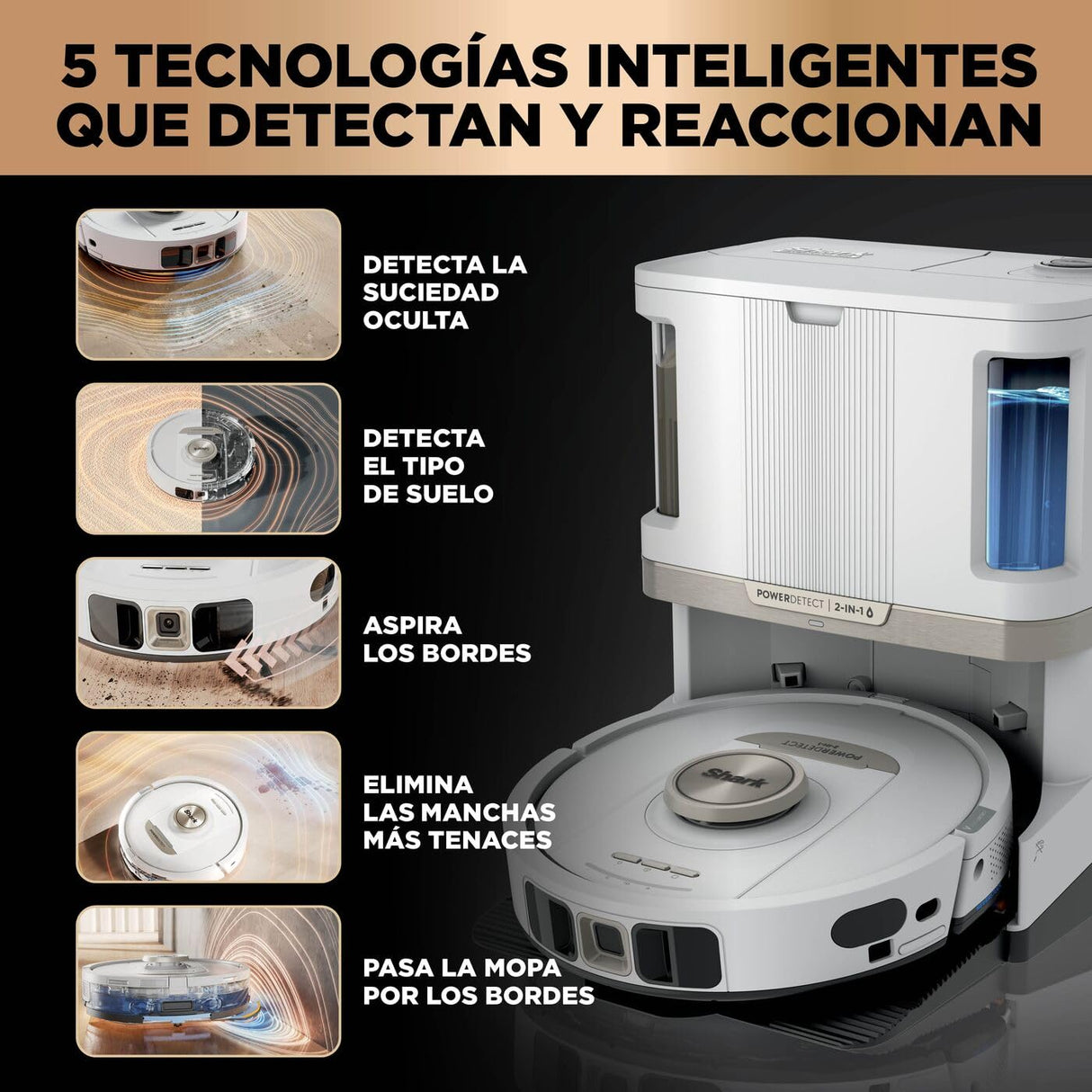 Shark PowerDetect Robot Aspirador y mopa 2 en 1, Base NeverTouch Pro con Limpieza, Carga y Vaciado automáticos, 60 días, navegación 3D y LiDAR, NeverStuck, WiFi/App, Blanco, AV2800ZEEUWH