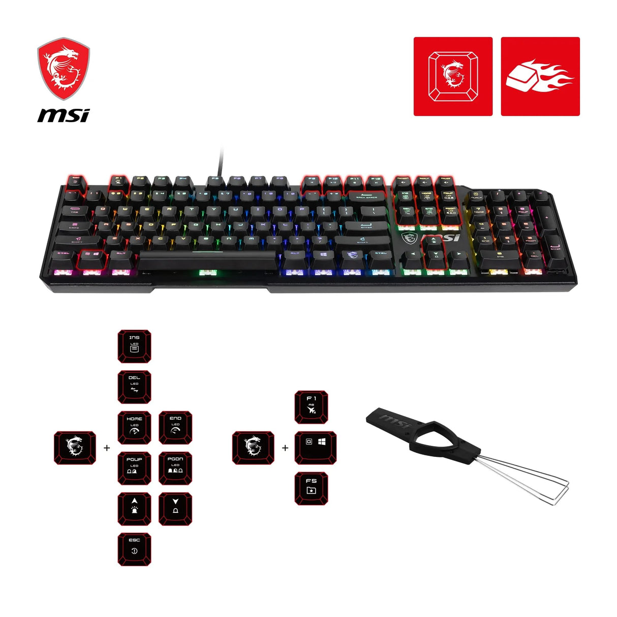 MSI Vigor GK41 Teclado Gaming Mecánico FR - Switches Kailh Red (lineales), Teclas Ergonómicas, Base Antideslizante, 6 LED de Color Fijo/10 Zonas de Iluminación, Mystic Light, USB 2.0 - Tamaño completo