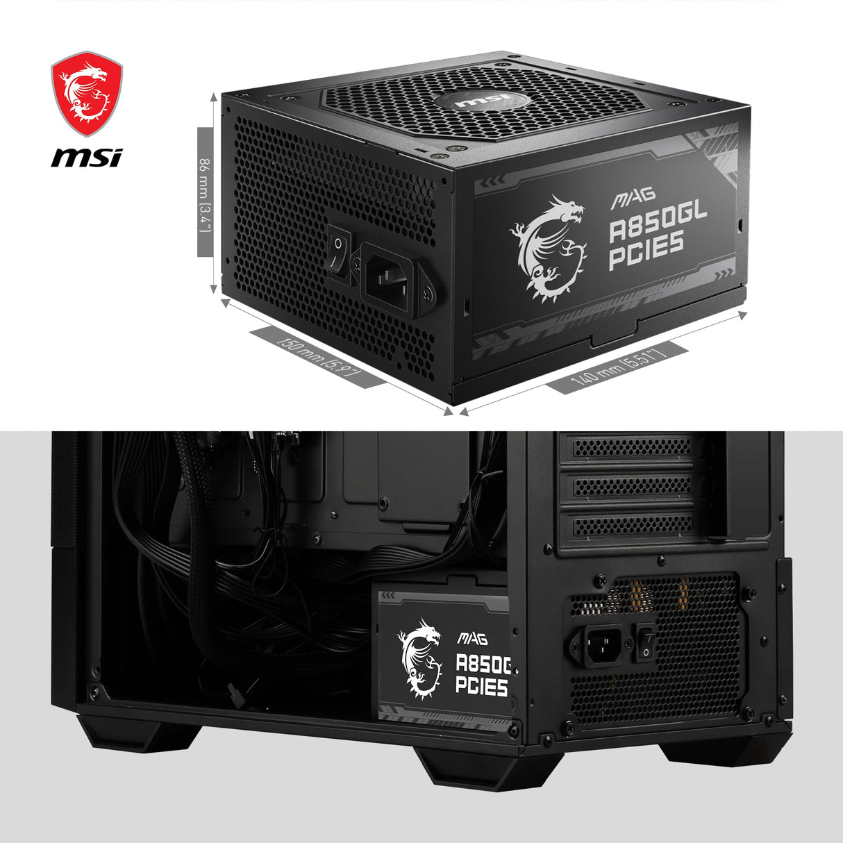 MSI MAG A850GL PCIE5 - Fuente de Alimentación, 850W, 80 Plus Gold, Totalmente Modular, ATX 3.0, Soporte GPU PCIe 5.0, Ventilador FDB de 120mm, Full-Bridge LLC, Cables Planos Negros - 7 Años de Garantí