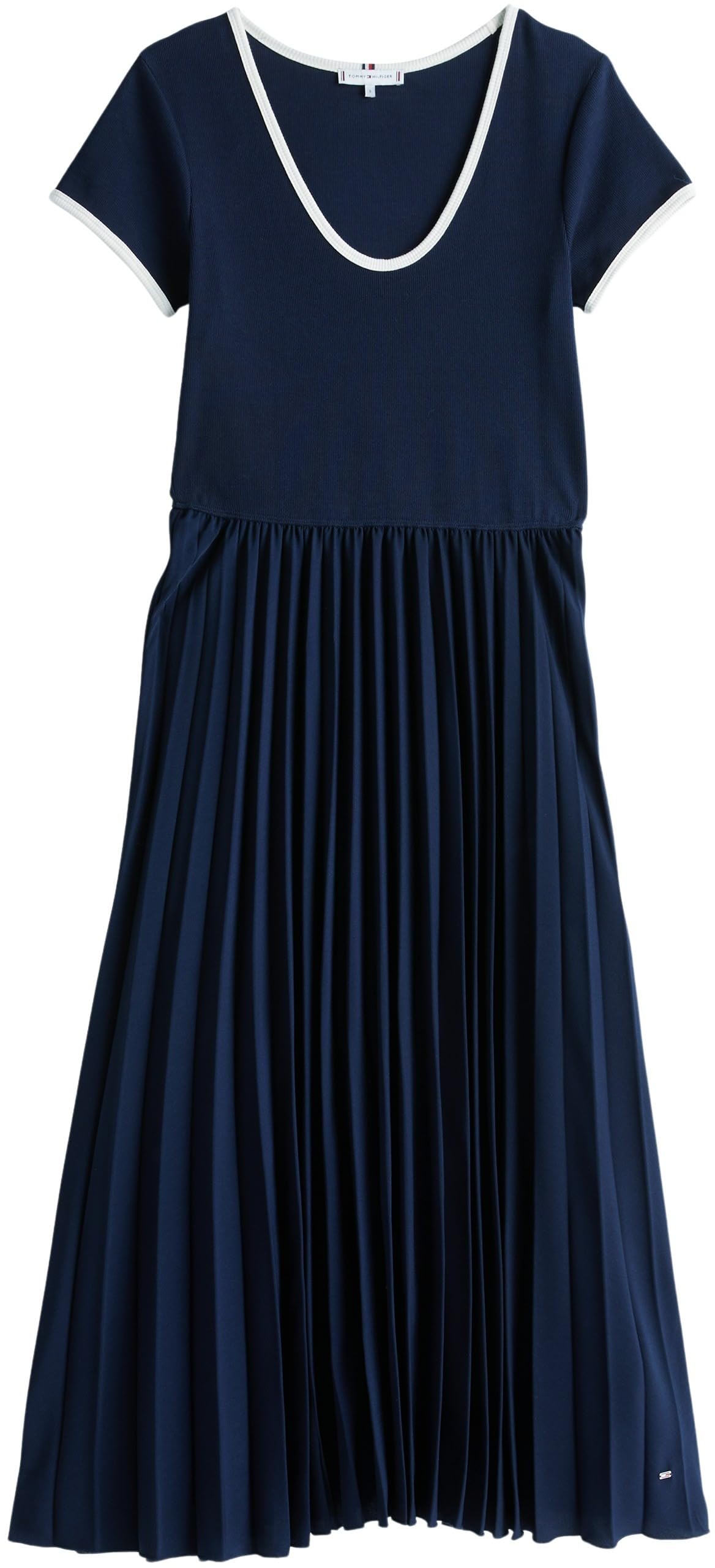 Tommy Hilfiger Vestido Mujer Contrast Soft Pleat Fit & Flare, Azul (Dark Night Navy), XS