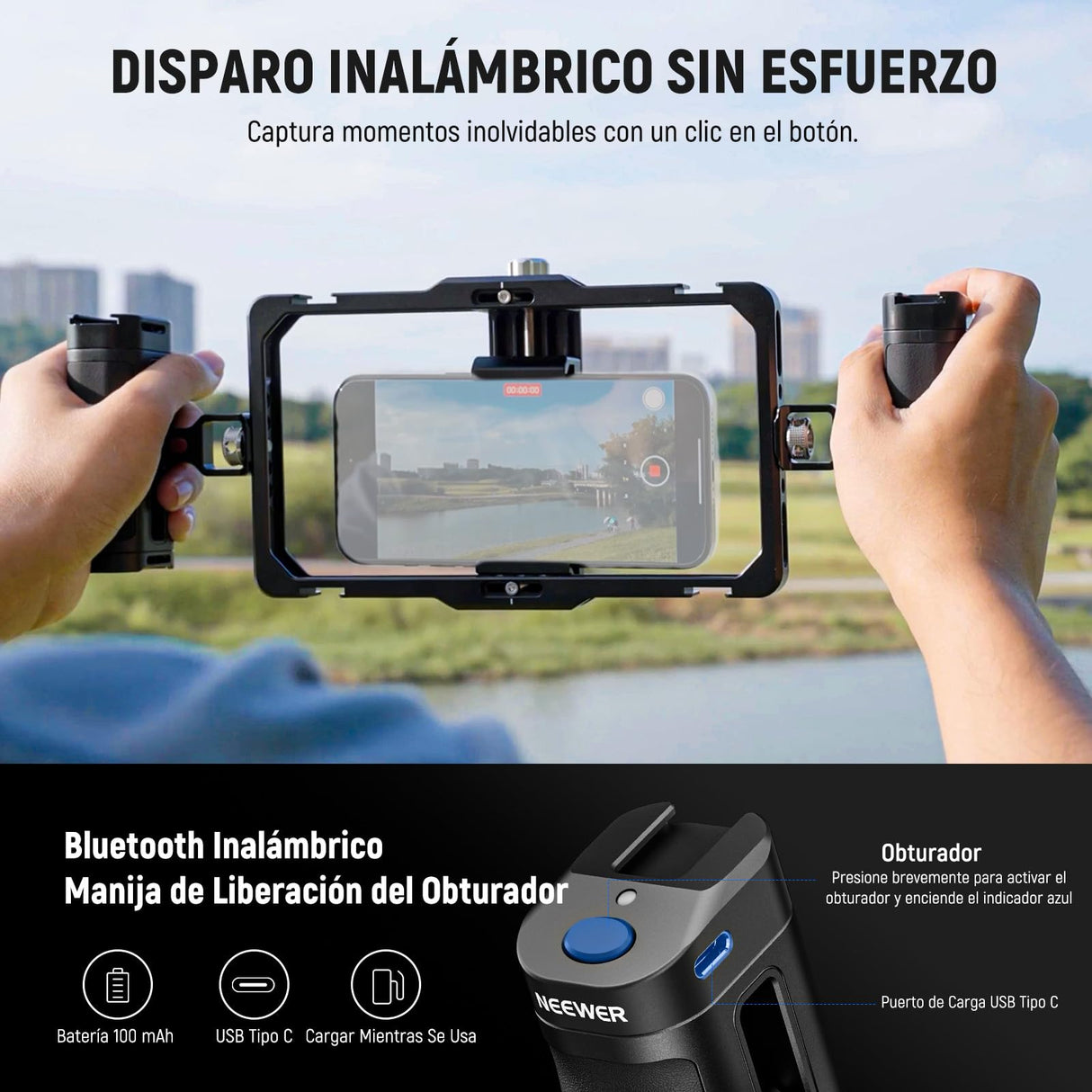 NEEWER Jaula Universal para teléfono móvil, estabilizador de vídeo, iluminación con Disparador Bluetooth, Mango Lateral, luz LED, micrófono USB C, Compatible con iPhone 16 Pro MAX 15 Pro MAX S24