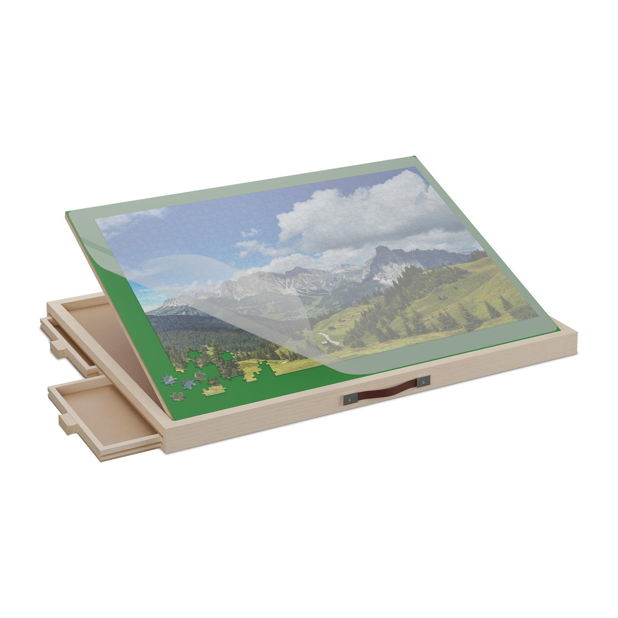 Relaxdays Tablero para Puzzles con 4 Cajones, Soporte Rompecabezas hasta 1000 Piezas, Inclinable, Madera, Natural/Verde, 4 x 81 x 57 cm