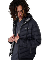 Armani Exchange Chaqueta Acolchada con Capucha y Cremallera, Logotipo de Milano/New York, Azul Marino/Gris Jaspeado, L para Hombre
