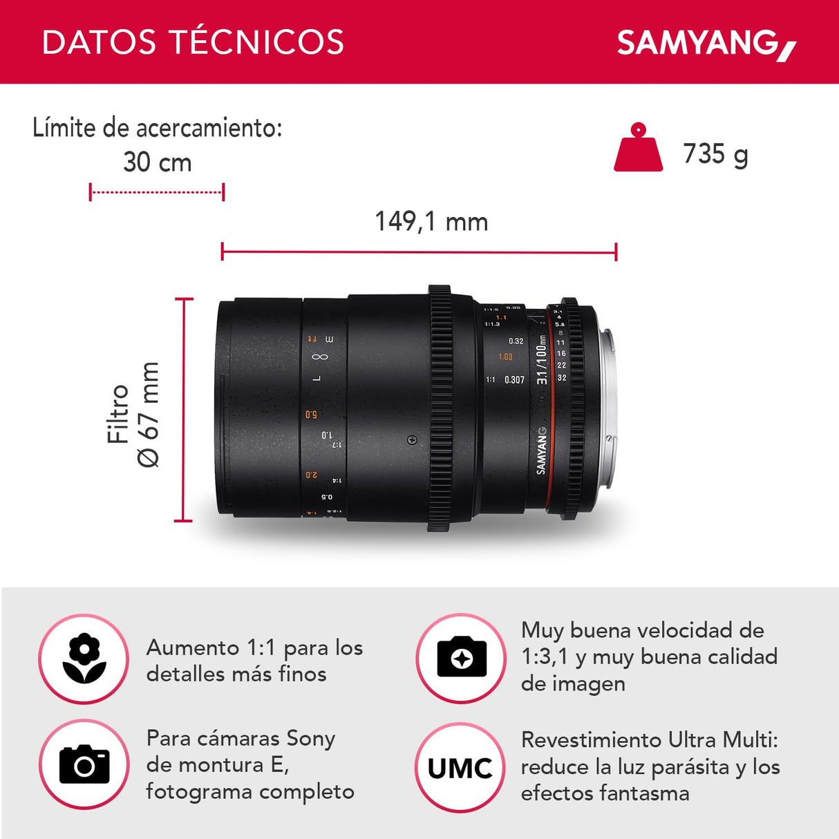 Samyang F1312306101 - Objetivo para vídeo VDSLR para Sony E T3.1 AS IF UMC II (Distancia Focal Fija 100mm, diámetro Filtro: 67mm), Negro