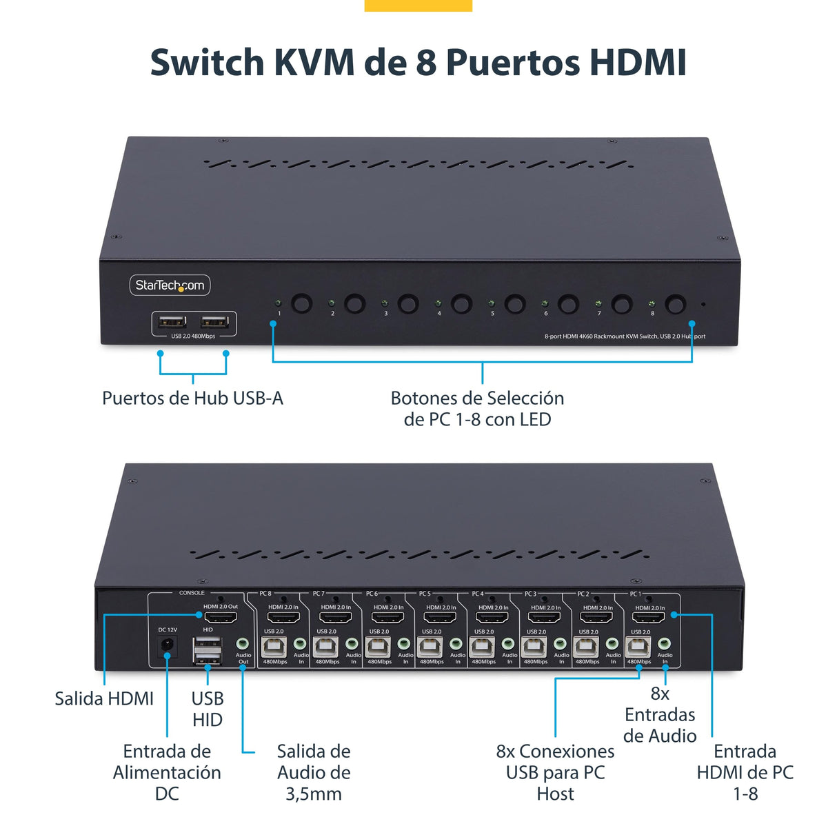 StarTech.com Switch KVM de 8 Puertos HDMI 4K 60Hz - Conmutador KVM HDMI 2.0 con Kit 1U para Rack - TAA