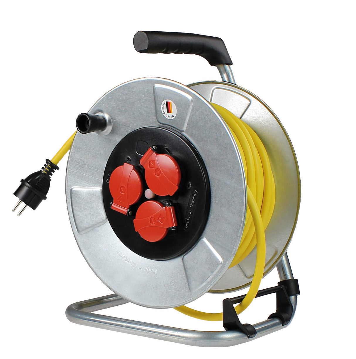 as - Schwabe enrollacables con cable de 33 m - 3 tomas con tapas de protección - Protegido frente a salpicaduras de agua IP44 - Protección contra sobrecalentamiento - Carrete Made in Germany, 10347