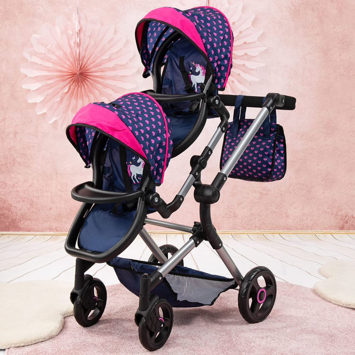 Bayer Design 26254AA Cochecito de Muñeca Gemelas, Carrito Paseo para muñecos, Ajustable en Altura, Plegable, con la Bolsa de Bandoler, Azul con Unicornio y Corazones