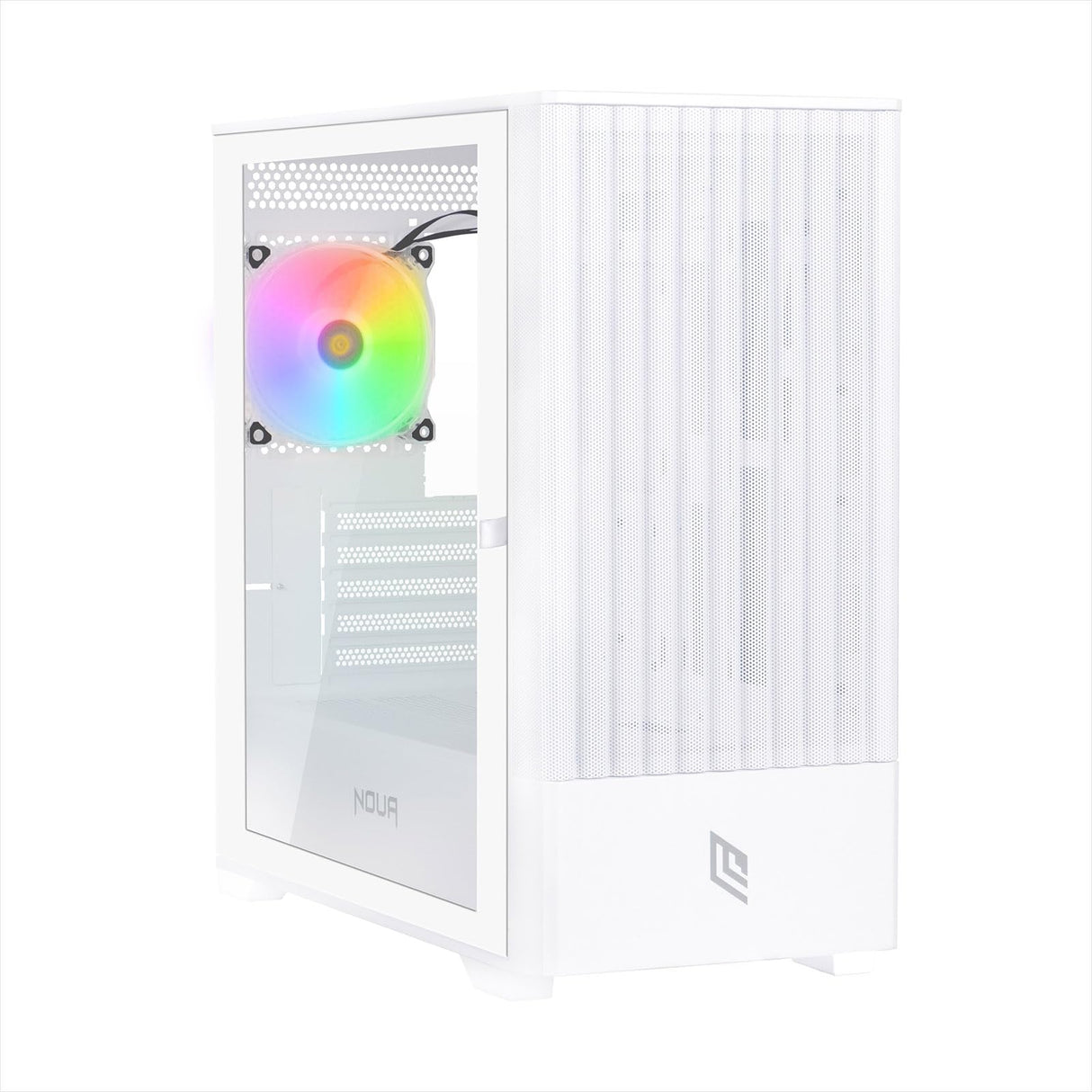 Noua Fobia L111 Blanco Micro ATX para PC Gaming Mini Tower 0.60MM SPCC Ventilador LED ARGB Direccionable Frontal Malla y Panel Lateral de Vidrio Templado Cierre Magnético