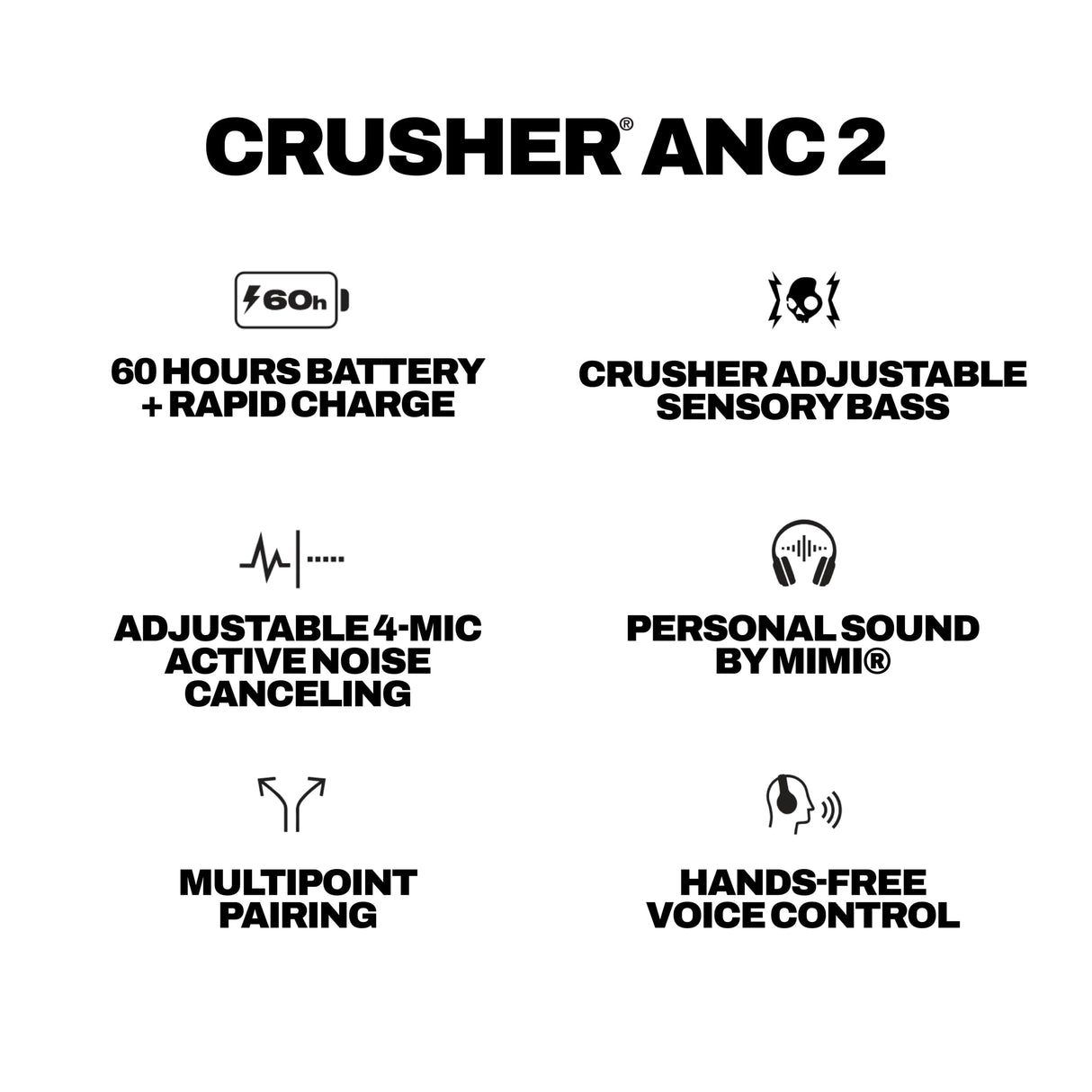Skullcandy Crusher ANC 2 - Auriculares inalámbricos Bluetooth con Graves multisensoriales, cancelación Activa de Ruido, batería de hasta 60 Horas, micrófono para iPhone Android - Plasma