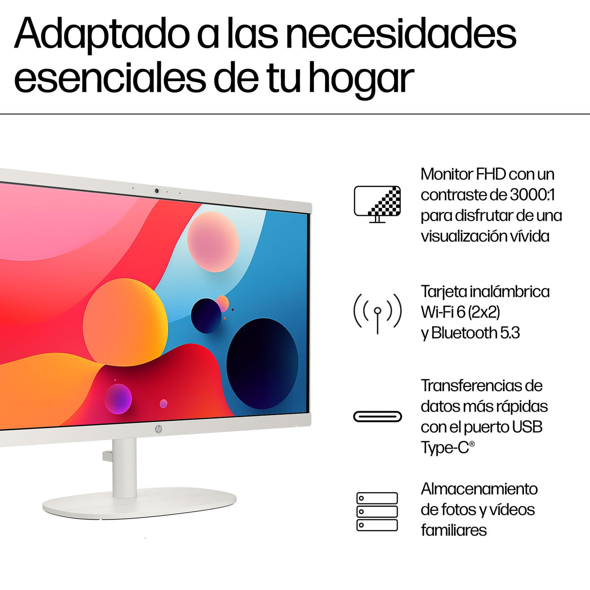 HP All-in-One 22-dg0014ns - Ordenador de 21.5" (Intel N100, 8GB RAM, 256GB SSD, Intel UHD Graphics, Windows) - White - Teclado QWERTY Español