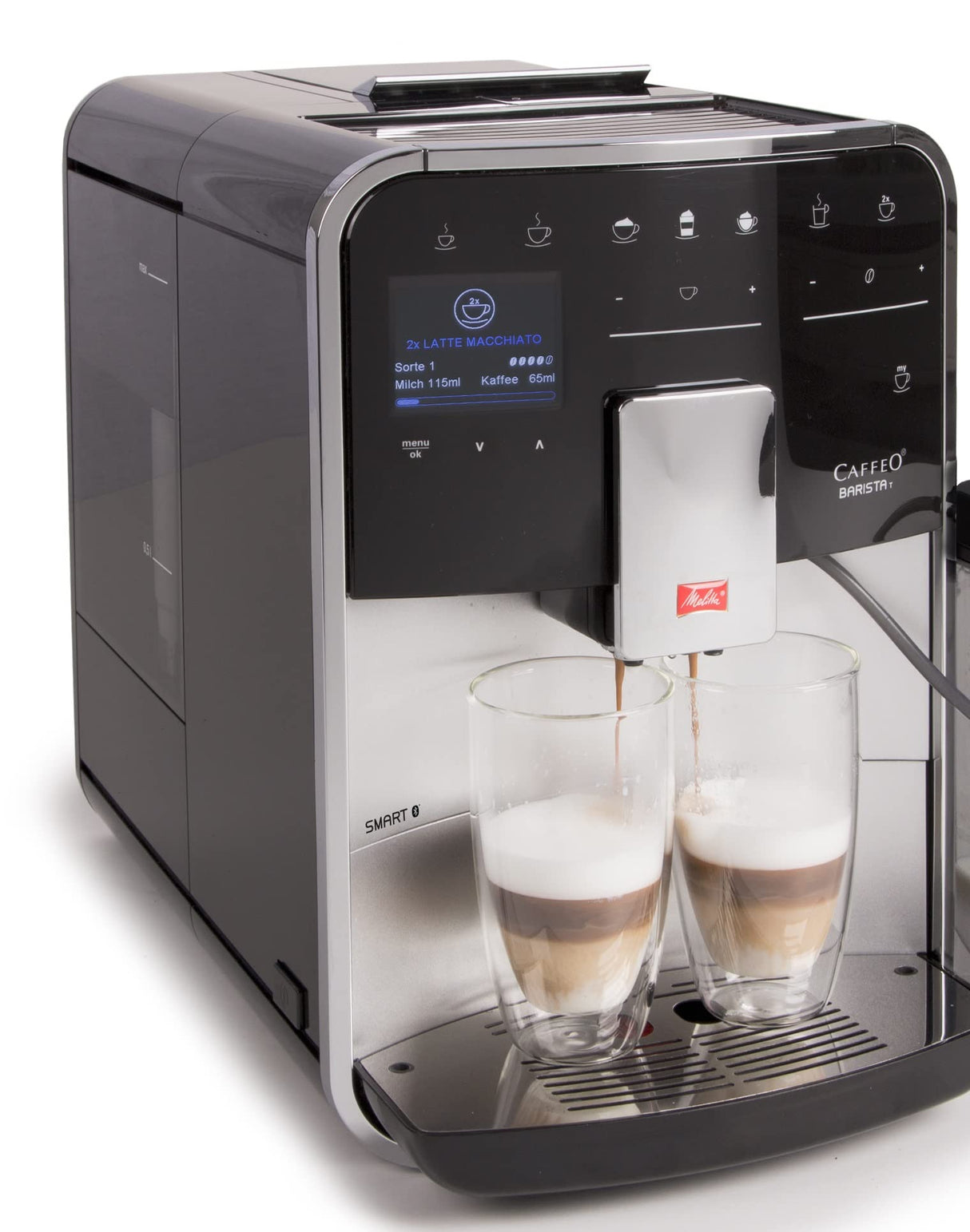 Melitta Barista T Smart F831-101, Cafetera Superautomática con Molinillo Silencioso, App Connect, Pantalla Táctil, 18 Recetas, 15 Bares, 1450 W, 1.8 litros, Acero inoxidable, Plata/Negro