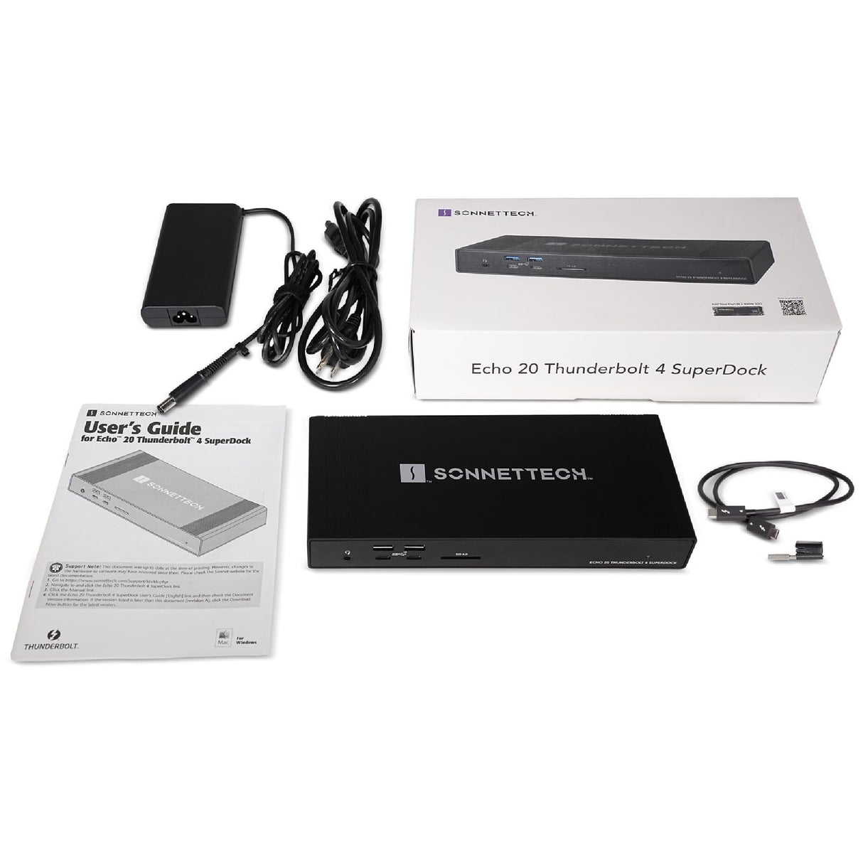 Sonnet Echo 20 Thunderbolt 4 SuperDock – Estación de Acoplamiento con 3 Thunderbolt 4, HDMI 2.1, 8 USB 10Gbps, Ethernet 2.5Gb, SSD NVMe, SD UHS-II, Carga 100W – Compatible con Mac, PC, iPad