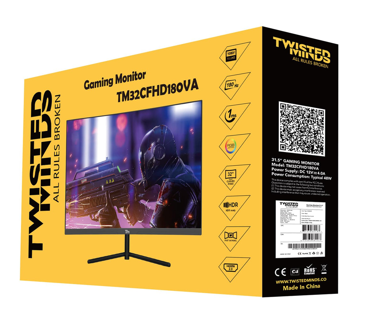 Twisted Minds Monitor para Gaming, Pantalla de 32 Pulgadas Fast VA - Resolución 1920 x 1080 FHD, frecuencia actualización 180 Hz, relación Aspecto 16:9, Tiempo Respuesta 1 ms - Negro (TM32CFHD180VA)