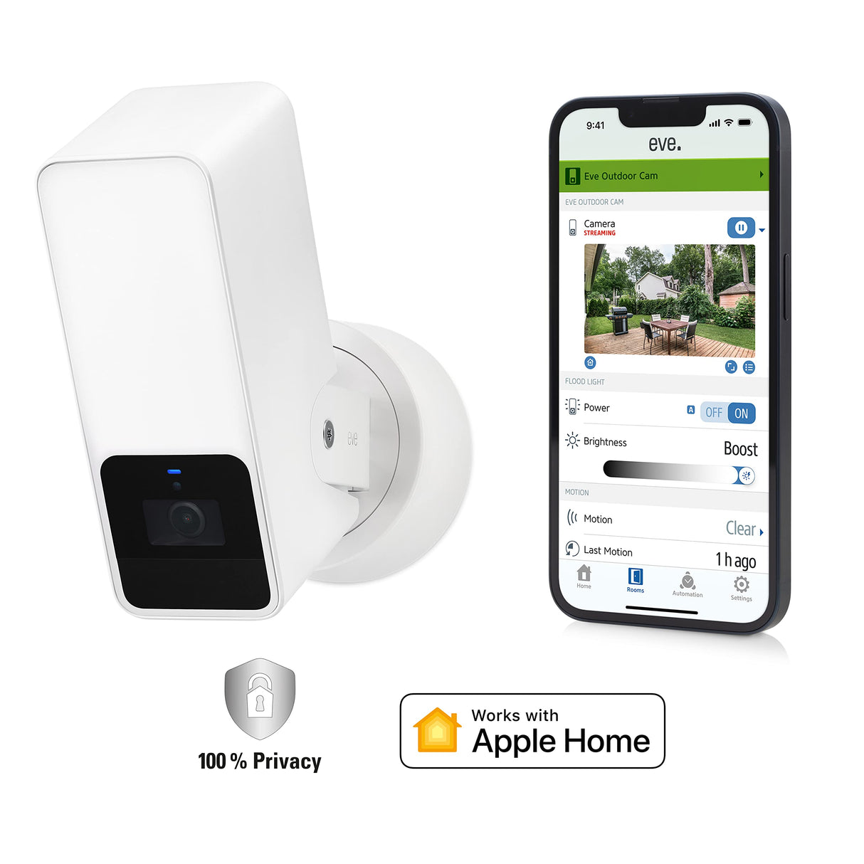 Eve Outdoor Cam (White Edition) – Cámara Segura con Foco, Máxima Seguridad y Privacidad (HomeKit Secure Video), Visión Nocturna, Wi-Fi, Sensor de Movimiento, Comunicación Bidireccional