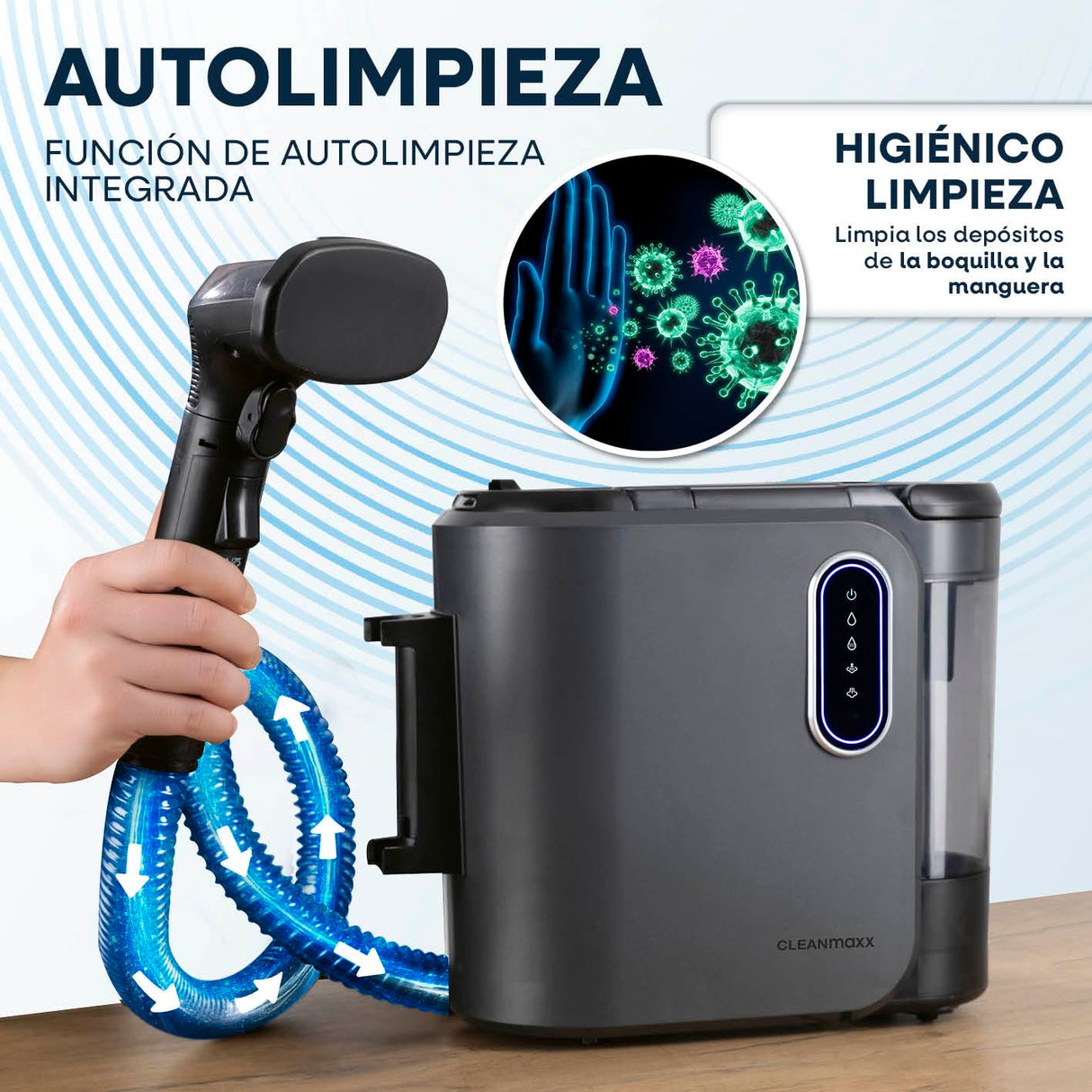 CLEANmaxx Limpiador de tapicería y alfombras Pro Steam | 3 en 1: limpiador de tapicería, limpiador de puntos, limpiador de manchas con tecnología de agua caliente y vapor para alfombras, coches