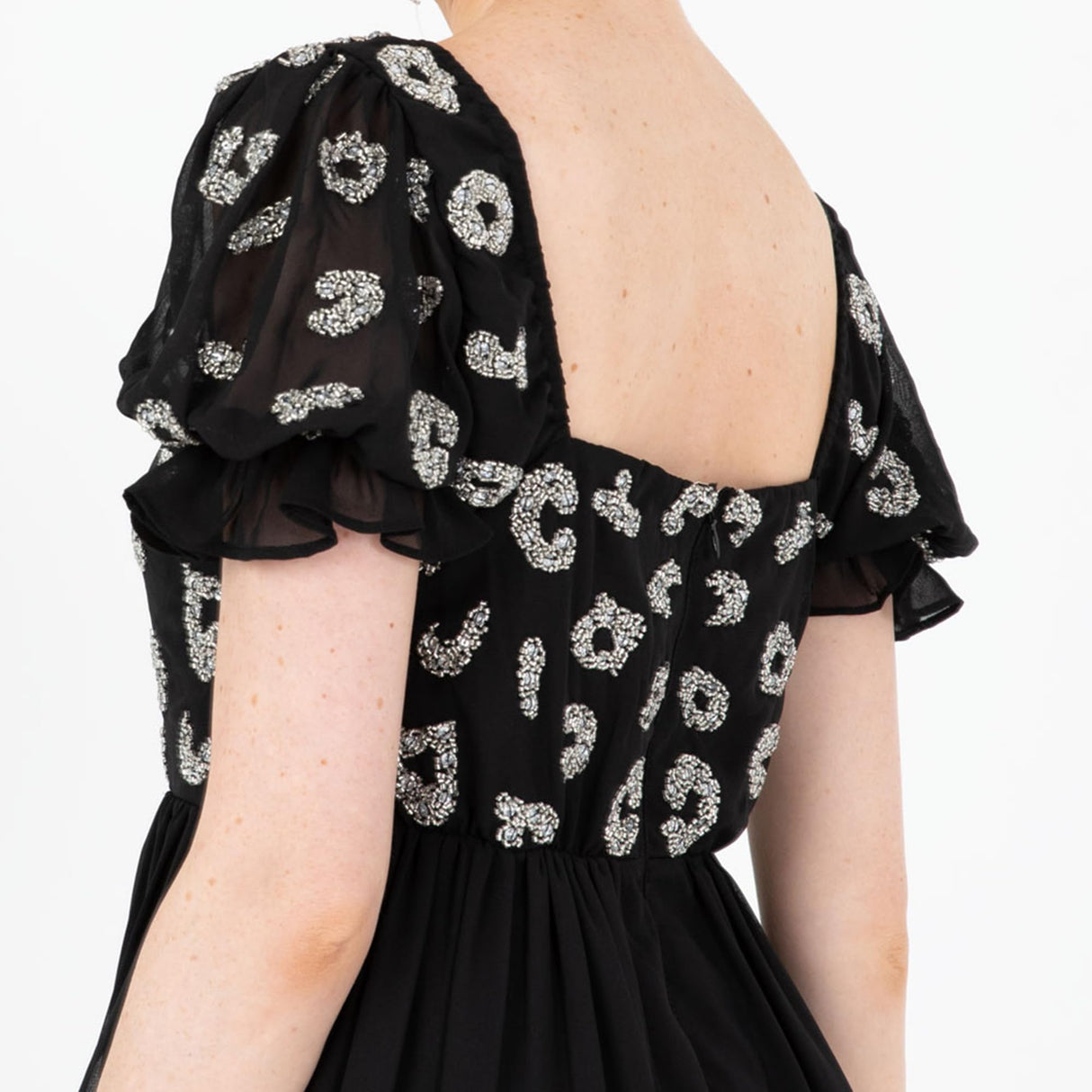 Lovedrobe Women's Midaxi Dress Ladies Animal Sequin Embellished Short Puff Sleeve Square Neck A-Line for Evening Party Cocktail Vestido, Black, 40 para Mujer