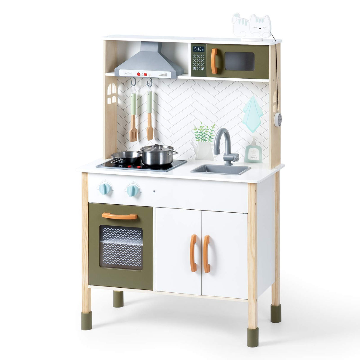 ROBUD Cocina Infantil de Madera con luz y Sonido, Juegos de Juguetes de Cocina para niños, Accesorios, Campana extractora, Horno microondas, para niños pequeños a Partir de 3 años