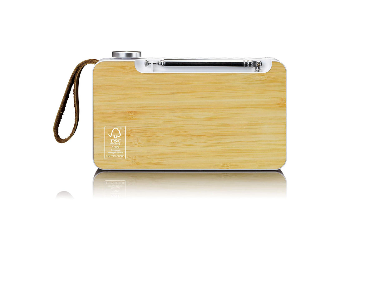 Lenco PDR-040 – Radio portátil DBA+ – Radio FM – con Bluetooth – Batería integrada con 2000 mAh – 3 W RMS – Reloj y Despertador – De bambú auténtico – Blanco