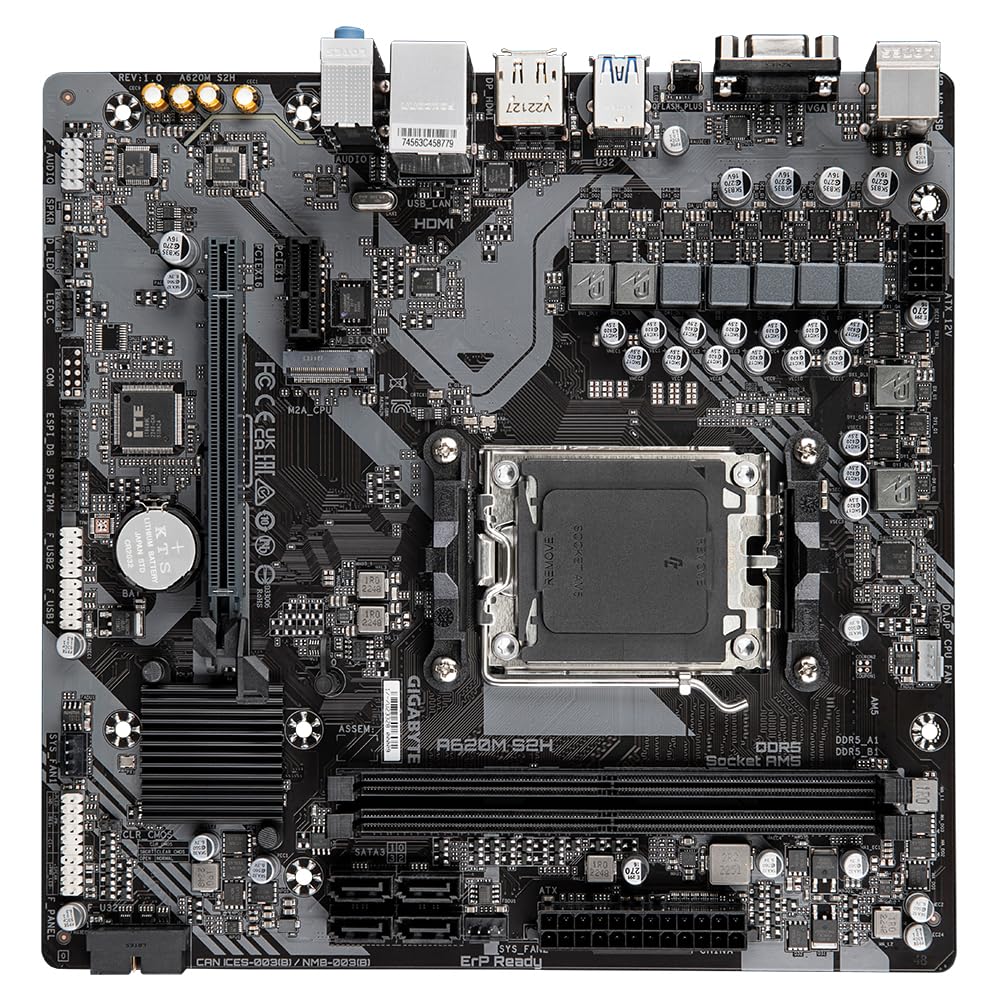 GIGABYTE A620M S2H Placa Base - Soporta CPUs AMD Ryzen 8000, VRM Digital de 5+2+2 Fases, hasta 7200MHz DDR5 (OC), 1xPCIe 4.0 M.2, LAN GbE, USB 3.2 Gen 1