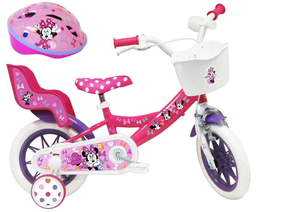 A.T.L.A.S. Bicicleta Infantil de 12 Pulgadas Minnie de Disney Equipada con 1 Freno, Cesta Delantera, Soporte para muñeca Trasera, Guardabarros + Casco Incluido niña, Niñas, Rosa, 12''