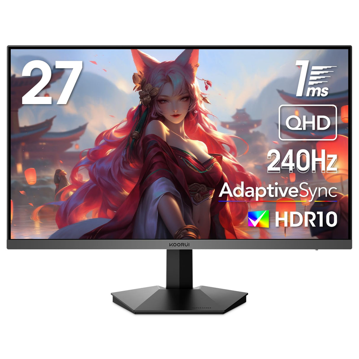 KOORUI Monitor 27 Pulgadas,Monitor Gaming 240Hz, Pantalla Ordenador QHD2560 x 1440p,1ms, HDR10, 90% DCI-P3, Adaptive Sync, VESA 75 * 75mm, Negro