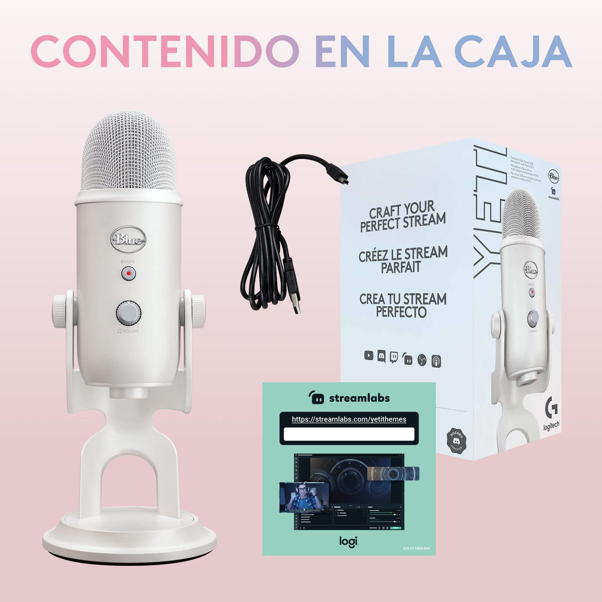 Logitech G Blue Yeti Micrófono USB para Streaming de Gaming, Software Blue VO!CE, PC, Podcast, Estudio, Mic para Ordenador, Temas únicos de Streamlabs, Acabado de Edición Especial - Blanco
