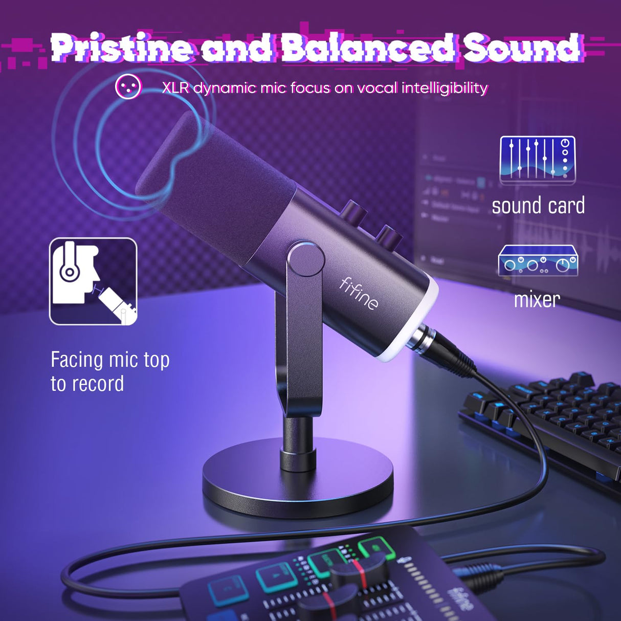 FIFINE XLR Streaming Micrófono Dinámico de Podcast, Mezclador de Audio, RGB Streaming Gaming Audio Mixer PC con Interfaz de XLR (AM8 + SC3)