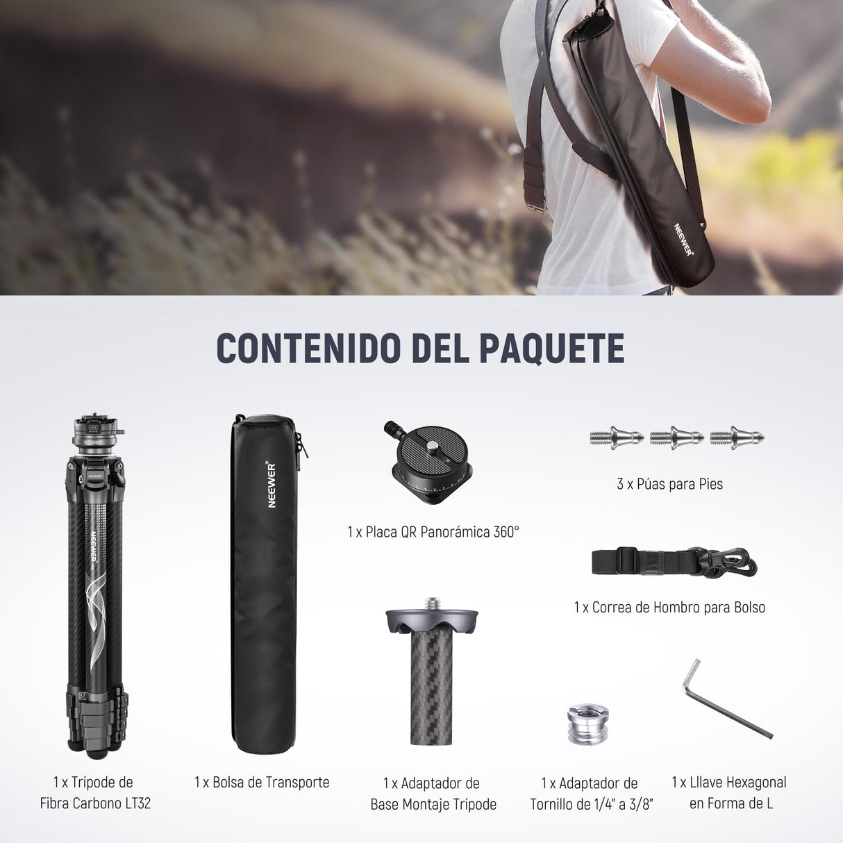NEEWER LITETRIP LT32 62" Trípode de Viaje de Fibra Carbono con Base Niveladora de ±15°, Eje Central Desmontable, Hebilla de Giro Rápido, Placa QR Tipo Arca Compatible con Peak Design Capture V3