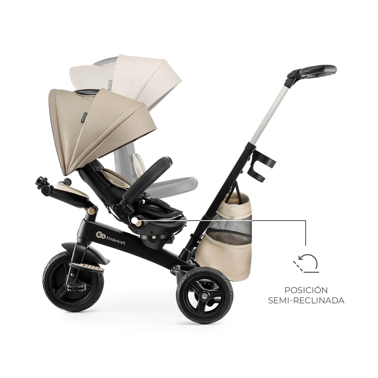 Kinderkraft EASYTWIST Triciclo Infantil, con Accesorios, Ventana de Techo, Cinturones de Seguridad, rotación de 360 Grados, Rueda Libre, Barra de Empuje, a Partir de 9 Meses hasta 5 años, Beige