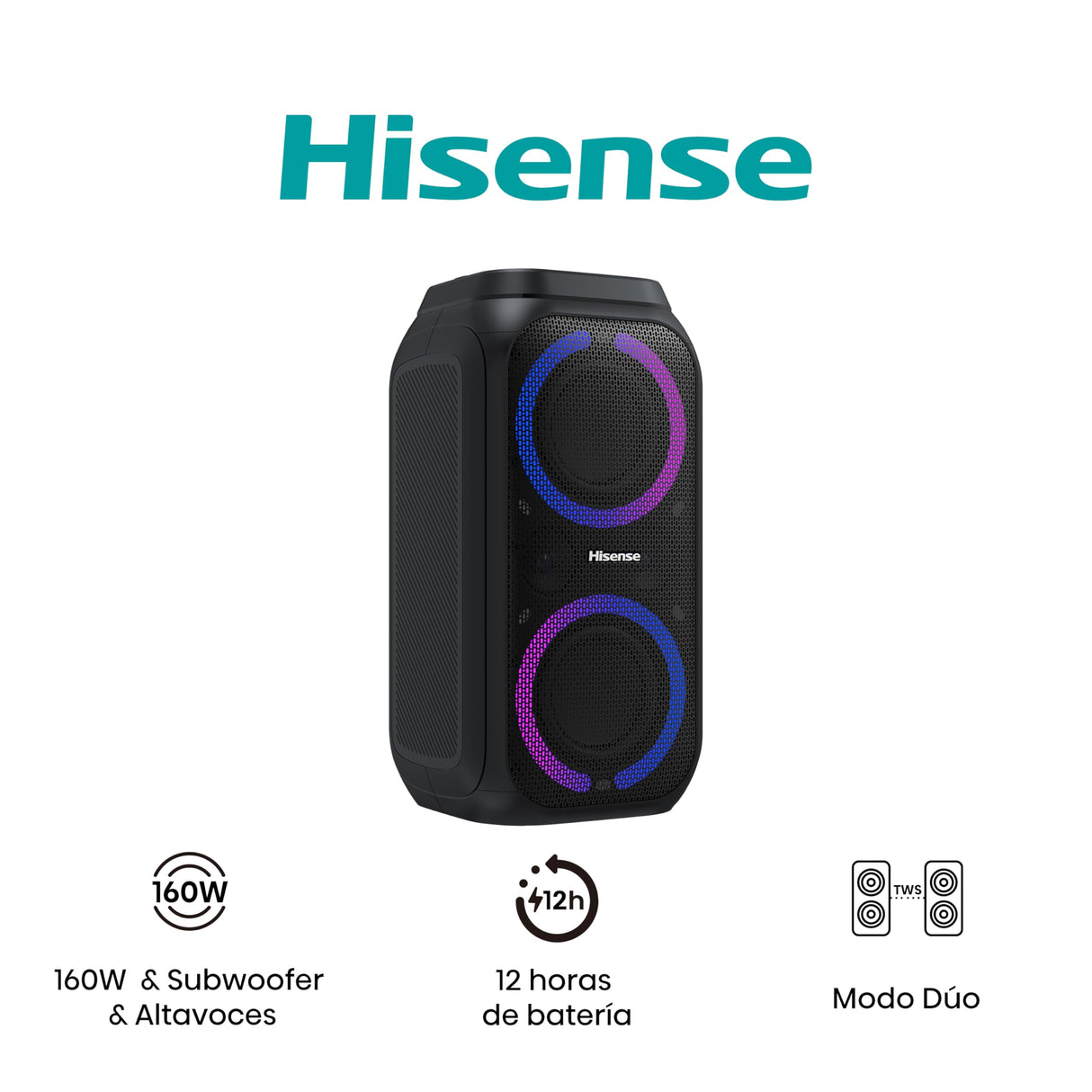 Hisense HP160 Party Rocket - Altavoz Portatil, Modo Karaoke, 160W, 5 Efectos de Luz, Batería de hasta 12 Horas de Duración, Modo Dual (2 Altavoces), Plug and Play, Bluetooth, AUX, USB, IPX4
