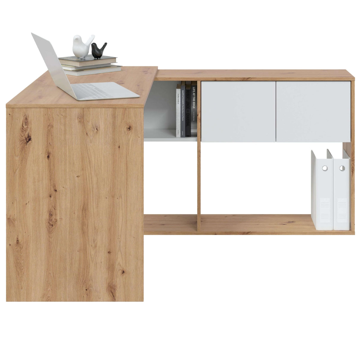 Habitdesign Mesa-Estantería Reversible de 3 Posiciones, Escritorio, Librería, Sistema de Almacenaje, Modelo Duo, Acabado en Color Roble Nodi y Blanco Artik
