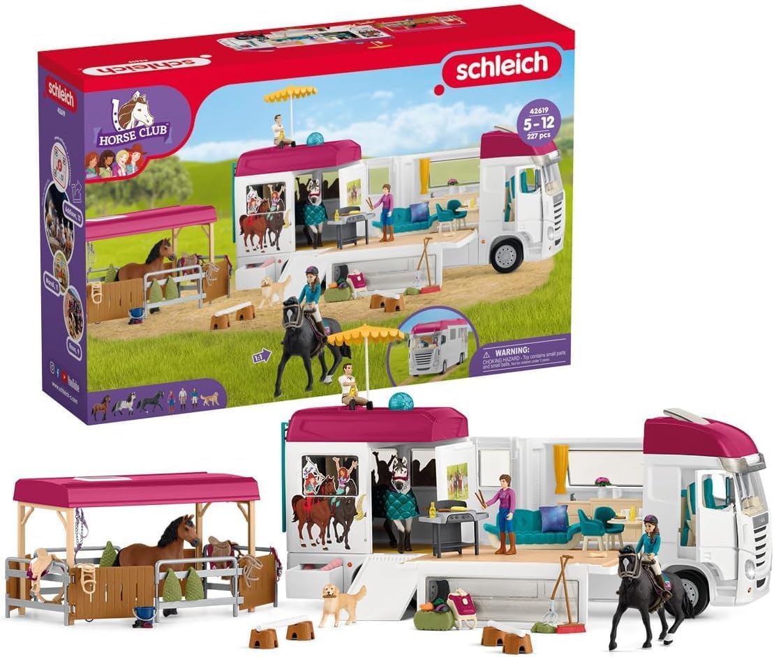 Schleich Horse Club 42619 — Set Transporte de Caballos con Remolque y 3 Figuras, 227 Piezas — Animales de Juguete Coleccionables — Set de Caballos — Juguetes para Niños de 5 Años o Más