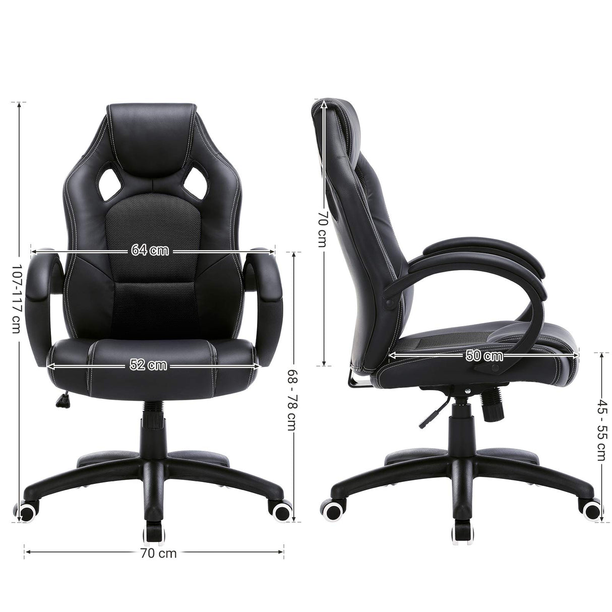 SONGMICS Racing Silla de Escritorio de Oficina Ergonómica Regulable con Ruedas, OBG56B, Negro, 776732