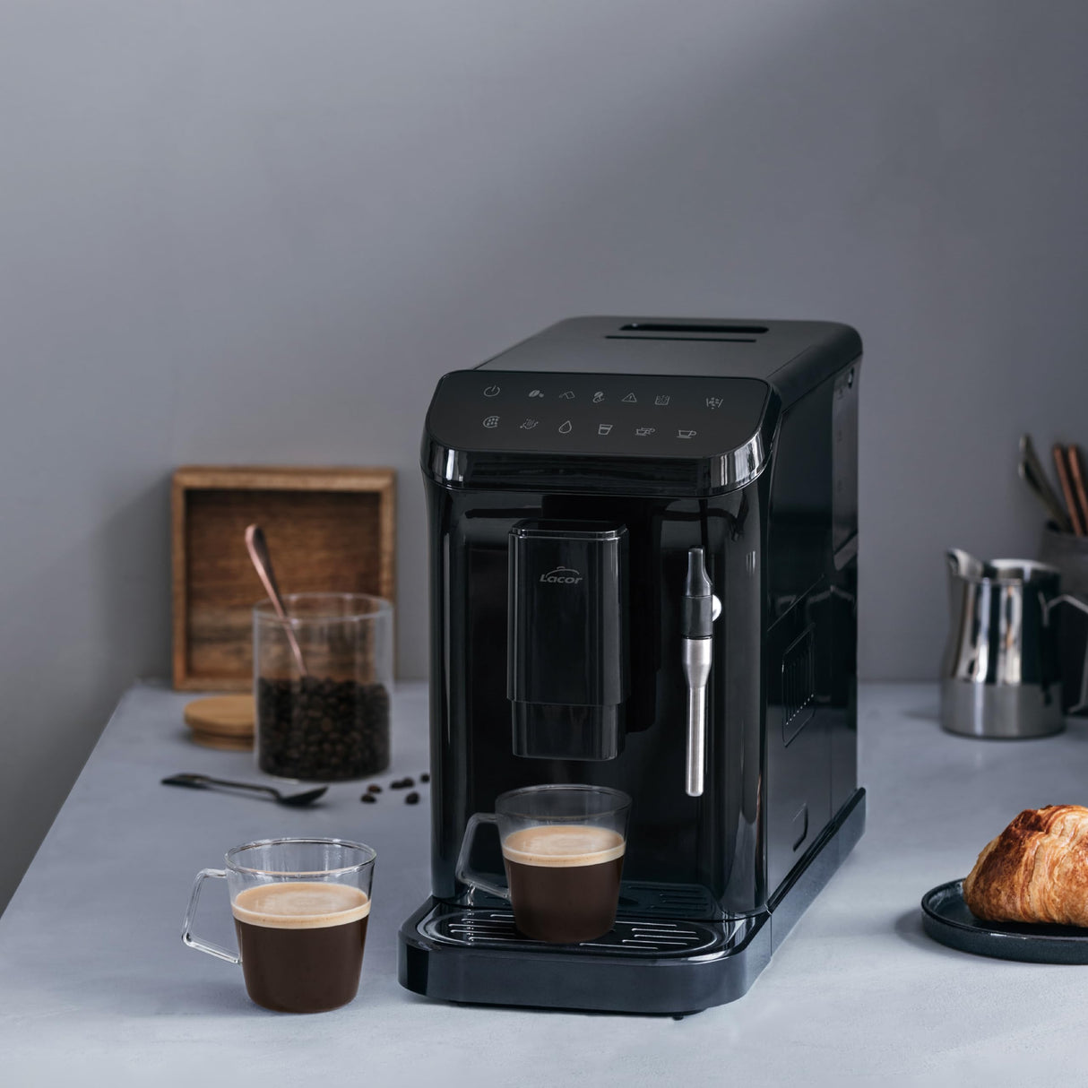 LACOR - 69435 - Cafetera Automática Sabore, Café Recién Molido, Sistema AutoClean, 15 Niveles de Molienda, Vaporizador Incluido