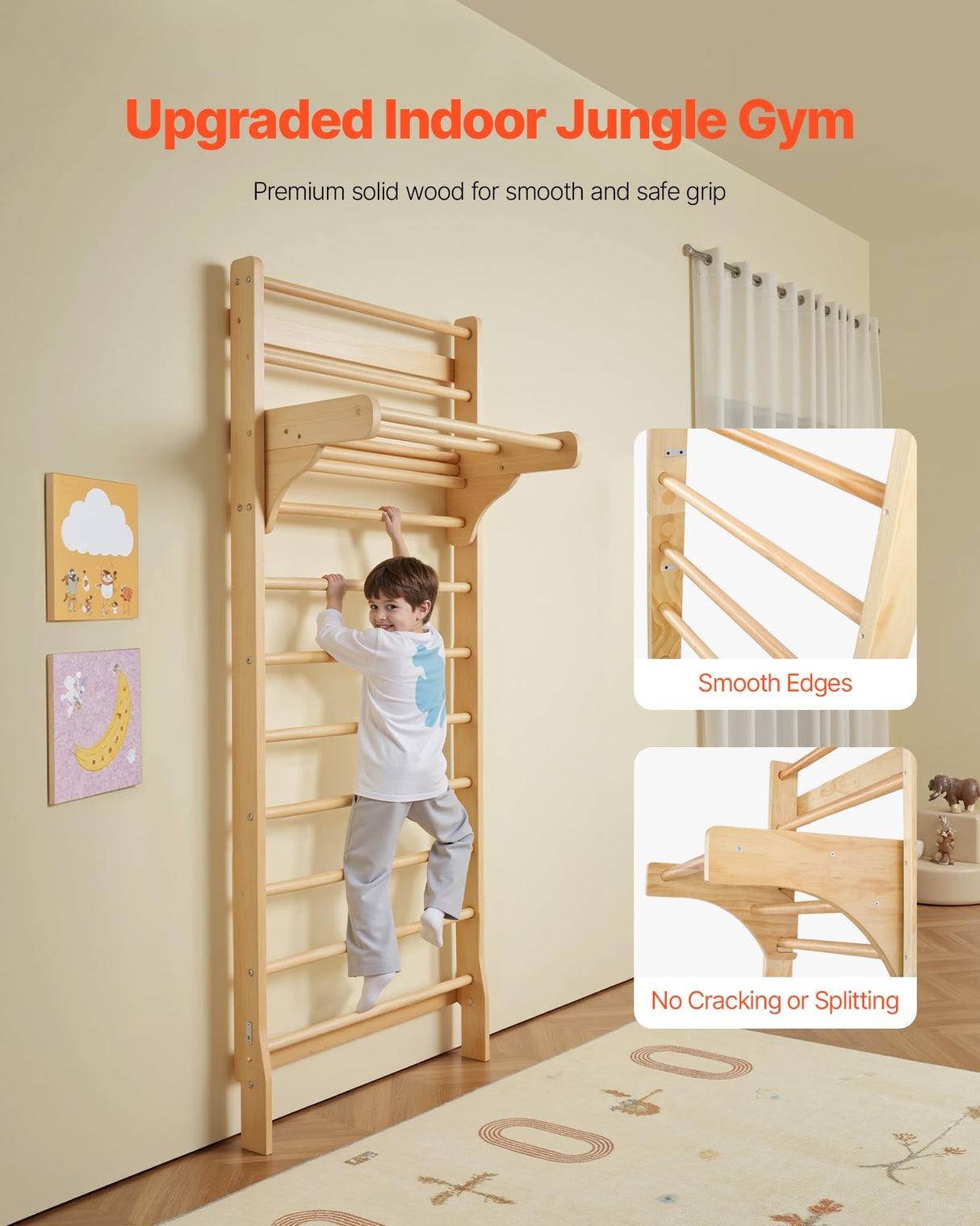 VEVOR Interior de Madera Maciza Niveles, Escalera de Escalada Carga de 99,8 kg, Gimnasia con Barra de Dominadas para Niños y Adultos, Color (10-Level Solid Wood Indoor Jungle Gym)