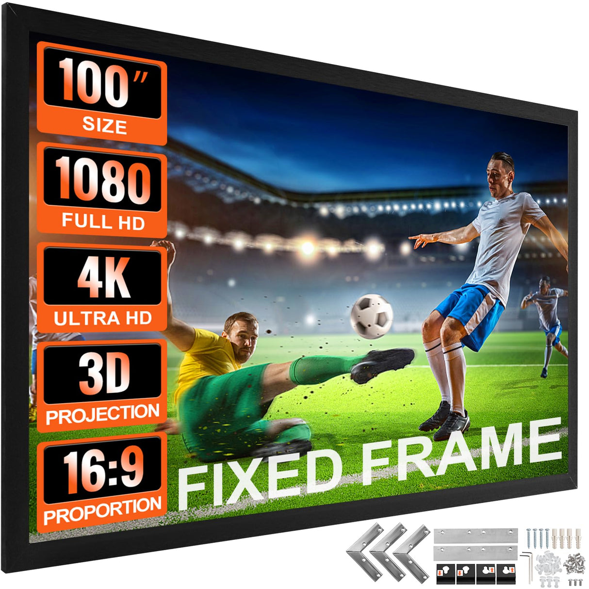 VEVOR Pantalla de Proyector Diagonal 100 Pulgadas de 16: 9, Pantalla de Cine 4K, Proyector Marco de Aluminio, 221 x 124 cm para Películas Portátil Montaje en Pared al Aire Libre, Negro