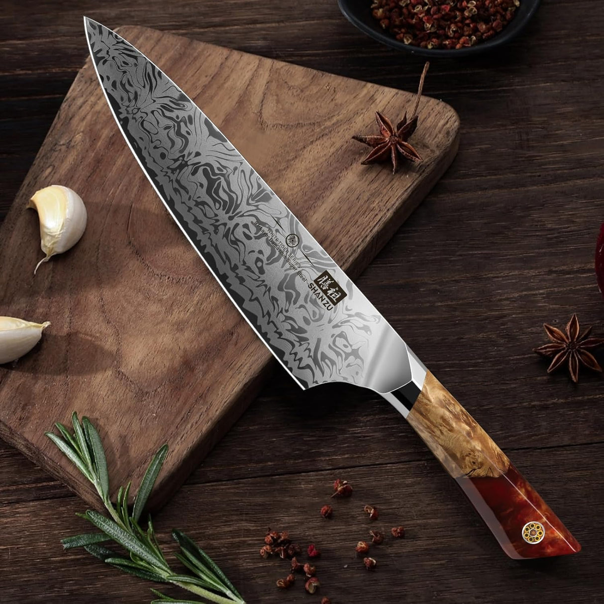 SHAN ZU Cuchillo de Chef Damasco, Cuchillo de Cocina Japonés de Acero en Polvo SG2, Cuchillo Cocinero de 20cm Forjado a Mano en 91 Capas de Acero Damasco, Mango de Arce - WHITE TIGER Series
