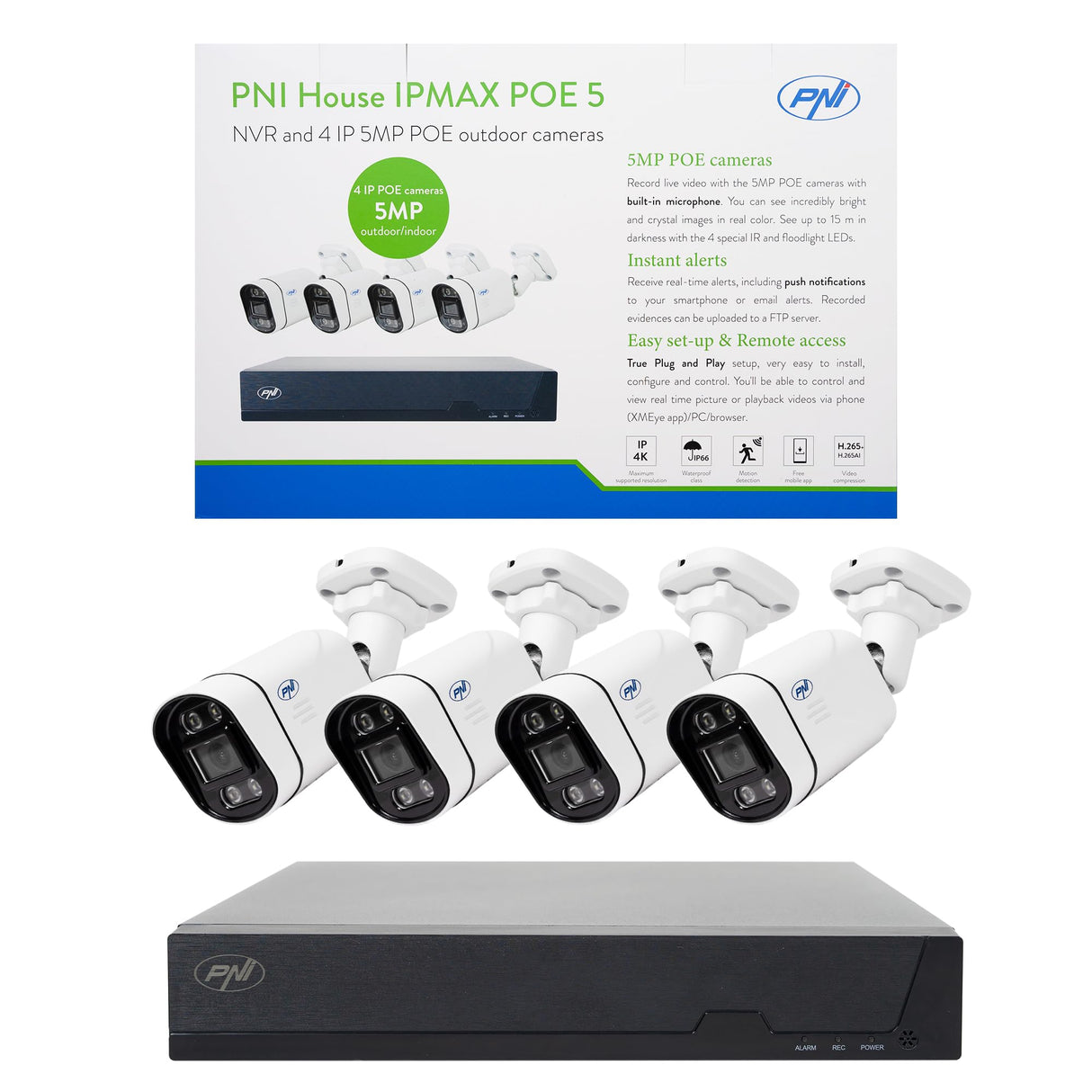 PNI House Kit de Videovigilancia IPMAX PoE 5 - NVR Con 4 Puertos PoE y 4 Cámaras IP de 5MP, 1920p - Aplicación XMEye Para Teléfonos Inteligentes y CMS General Para Windows Ⓡ - Clasificación IP66