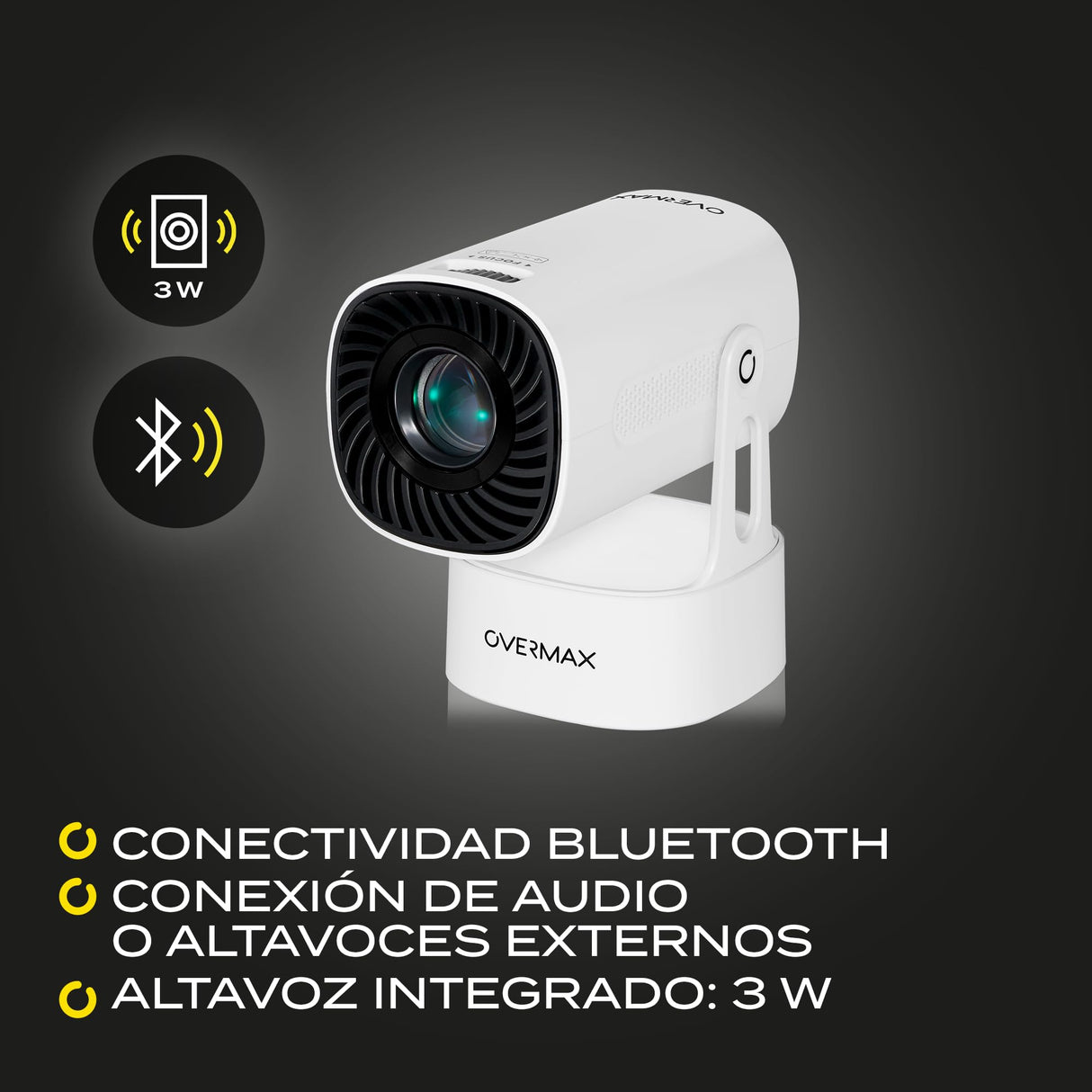 OVERMAX MULTIPIC EZ Mini Proyector 4K FullHD con Batería Integrada, Corrección Keystone, Imagen hasta 200", Wi-Fi Bluetooth 5.3, 2000 Lúmenes, Proyector de Estrellas, Mando a Distancia, Android 9.0