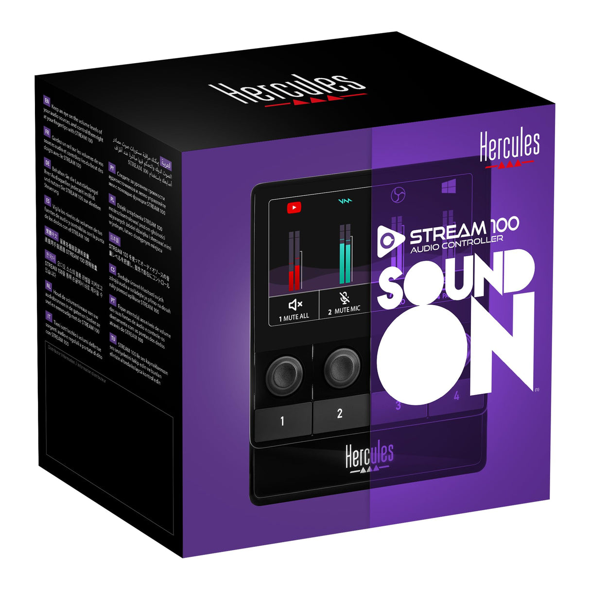 Hercules Stream 100, Controlador de Audio Intuitivo para Gestionar Streaming en Vivo en Tiempo Real, Hasta 8 Pistas, Pantalla LCD, Codificadores de Alta resolución, 4 Botones de Acción