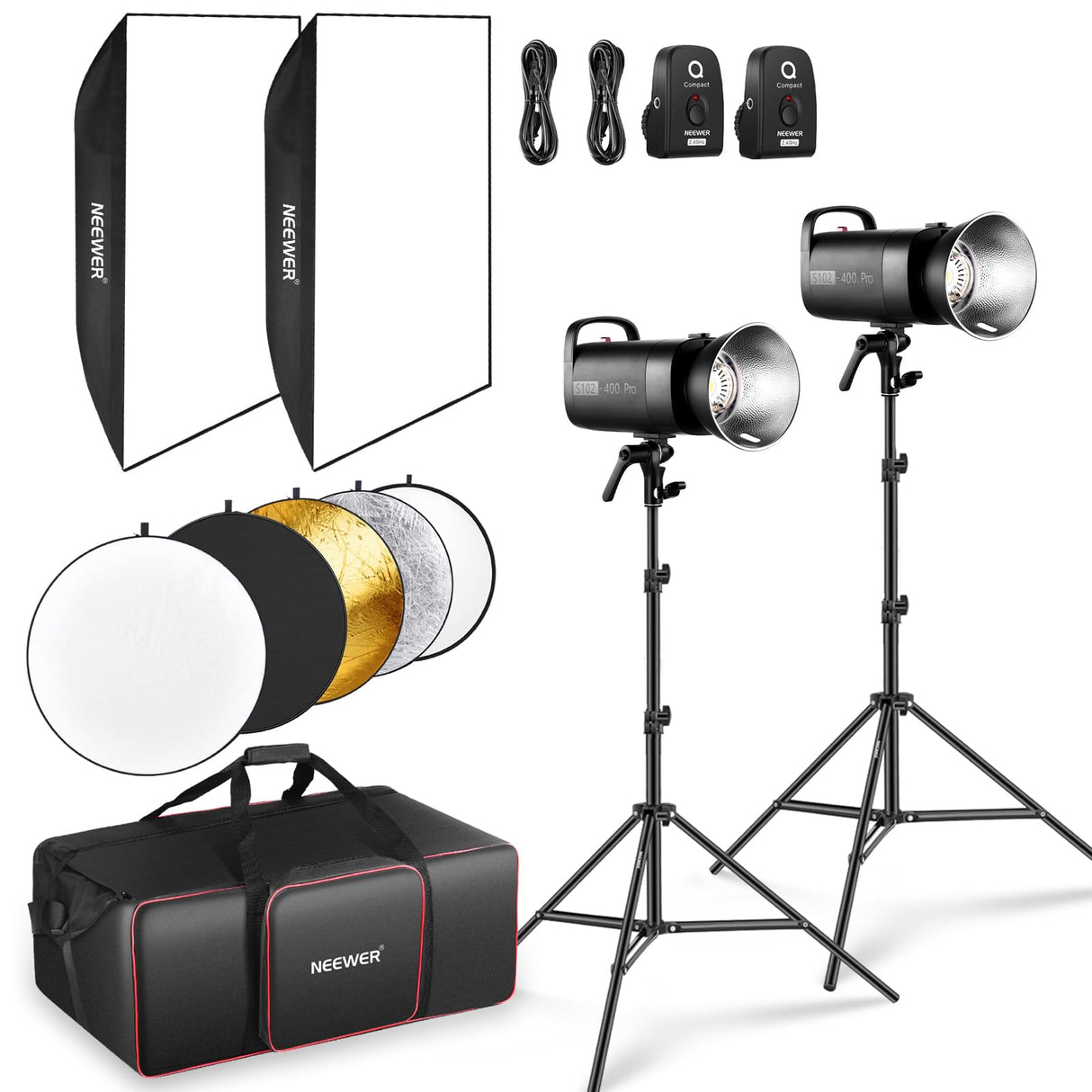 NEEWER S102-400W Pro Flash Iluminación Kit(Paquete de 2) con 2 2,4G Disparadores, 2 Soportes Luz, 2 Softbox, Reflector 5 en 1, Bolsa, 400W GN62 5600K 30W Lámpara Modelar LED Montaje Bowens Ventilador