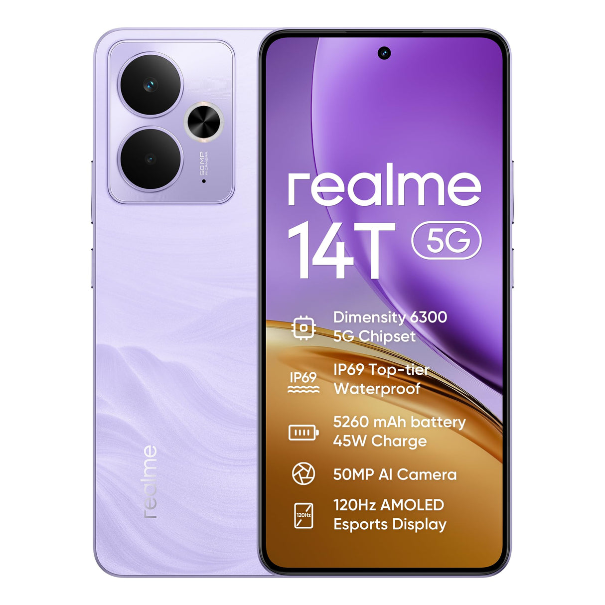 realme 14T Smartphone 5g, 8+256GB,Batería 5260 mAh,Procesador Dimensity 6300,IP69, Cámara de 50MP,Pantalla AMOLED para Esports de 120 Hz,Morado relámpago,Exclusivo de Amazon (Sin Adaptador)