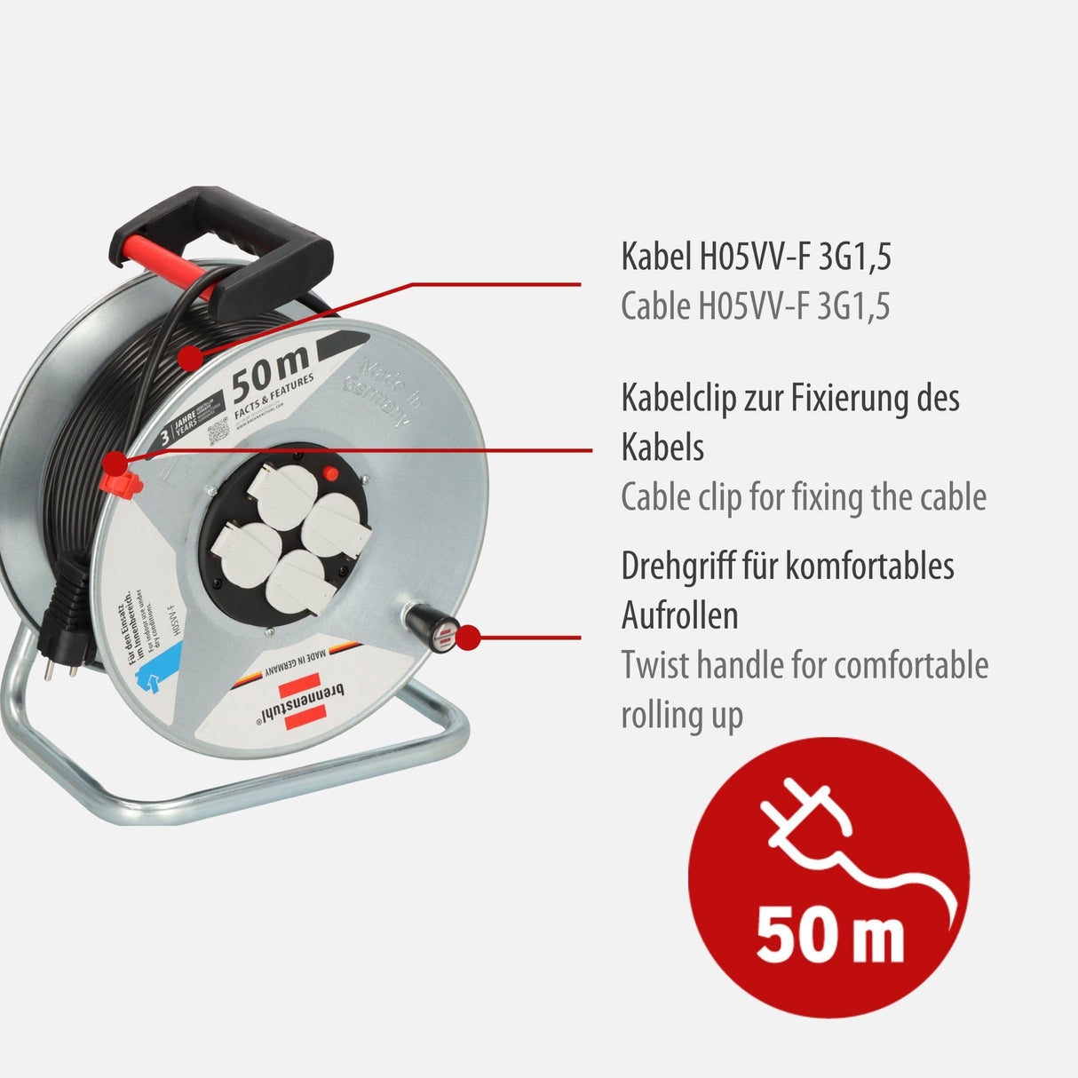 Brennenstuhl 1195066 Garant S 4 Export - Tambor para cable alargador (50 m, H05VV-F 3G1,5)